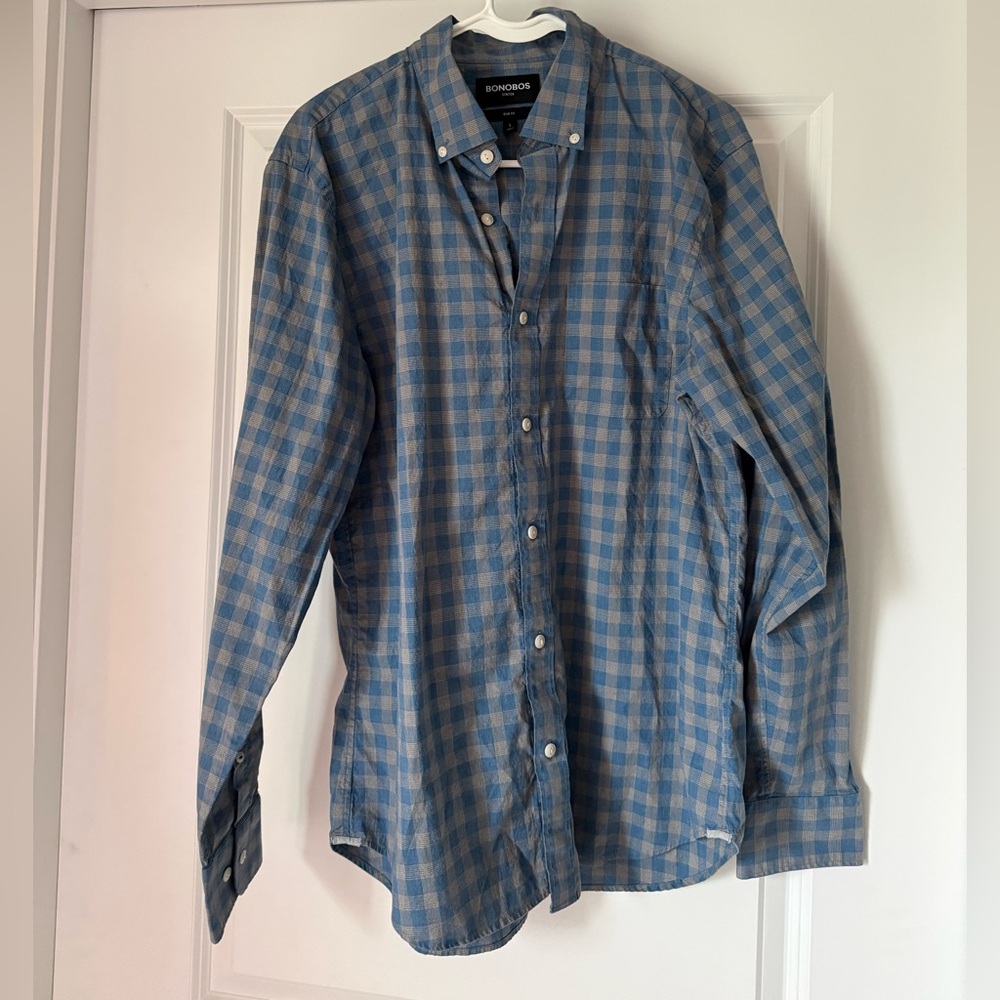 Bonobos Slim Fit Mens Large Blue Check Button Down Shirt Stretch Long Sleeve